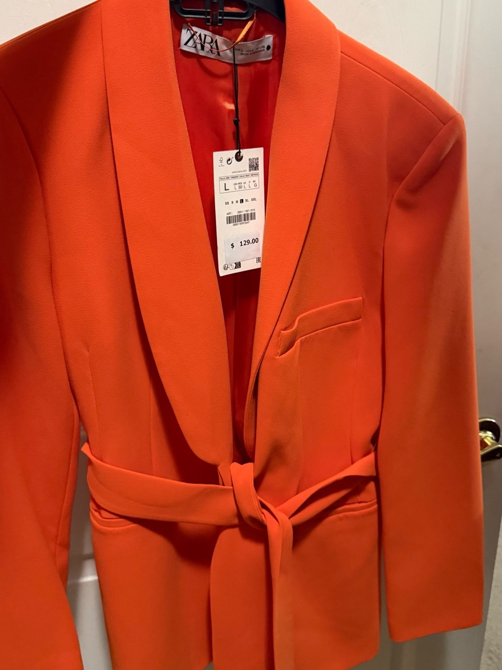 Zara Bright Orange Shawl-Collar Belted Blazer